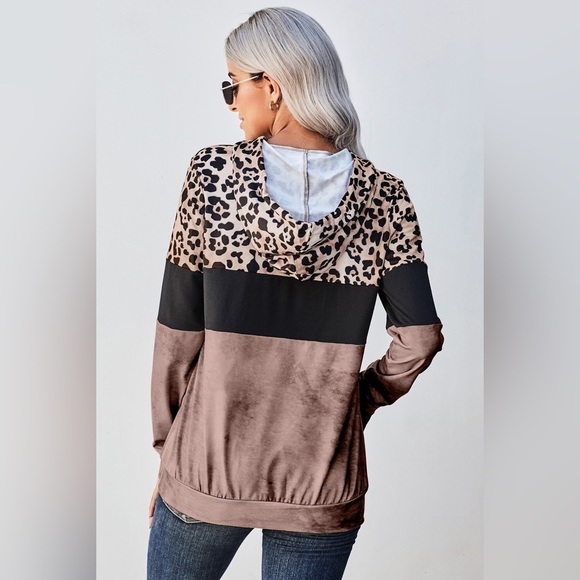 Leopard Print Hoodie - Contrast Color Block - Drawstring - Kangaroo Pockets - Picture 3 of 3